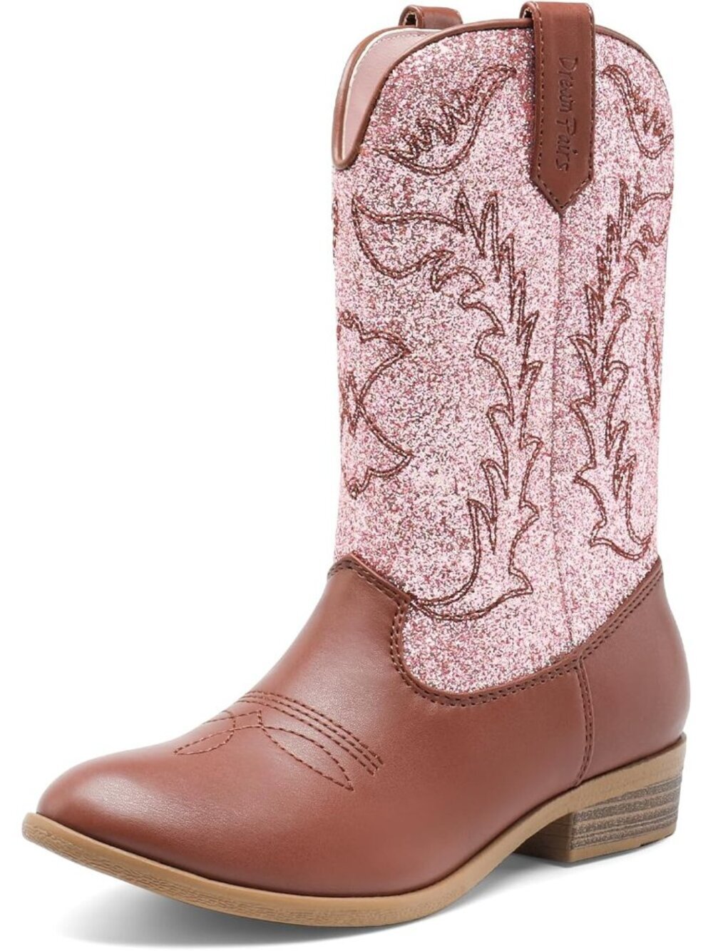 Dream Pairs Girls Pink/Brown Embroidered Cowgirl Stylish Girls Mid Calf Shoes